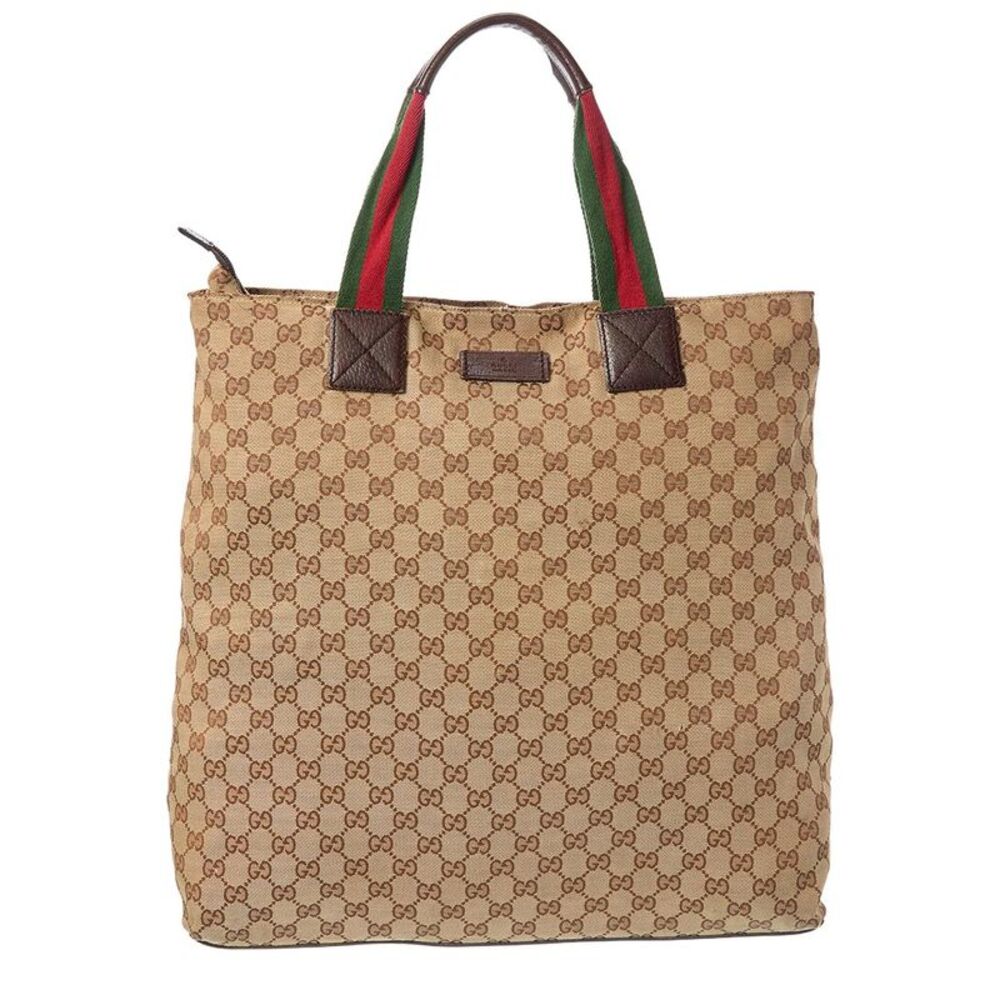 Gucci Beige Gg Canvas & Leather Web Handle Vertical Tote (Authentic Pre-Loved)
